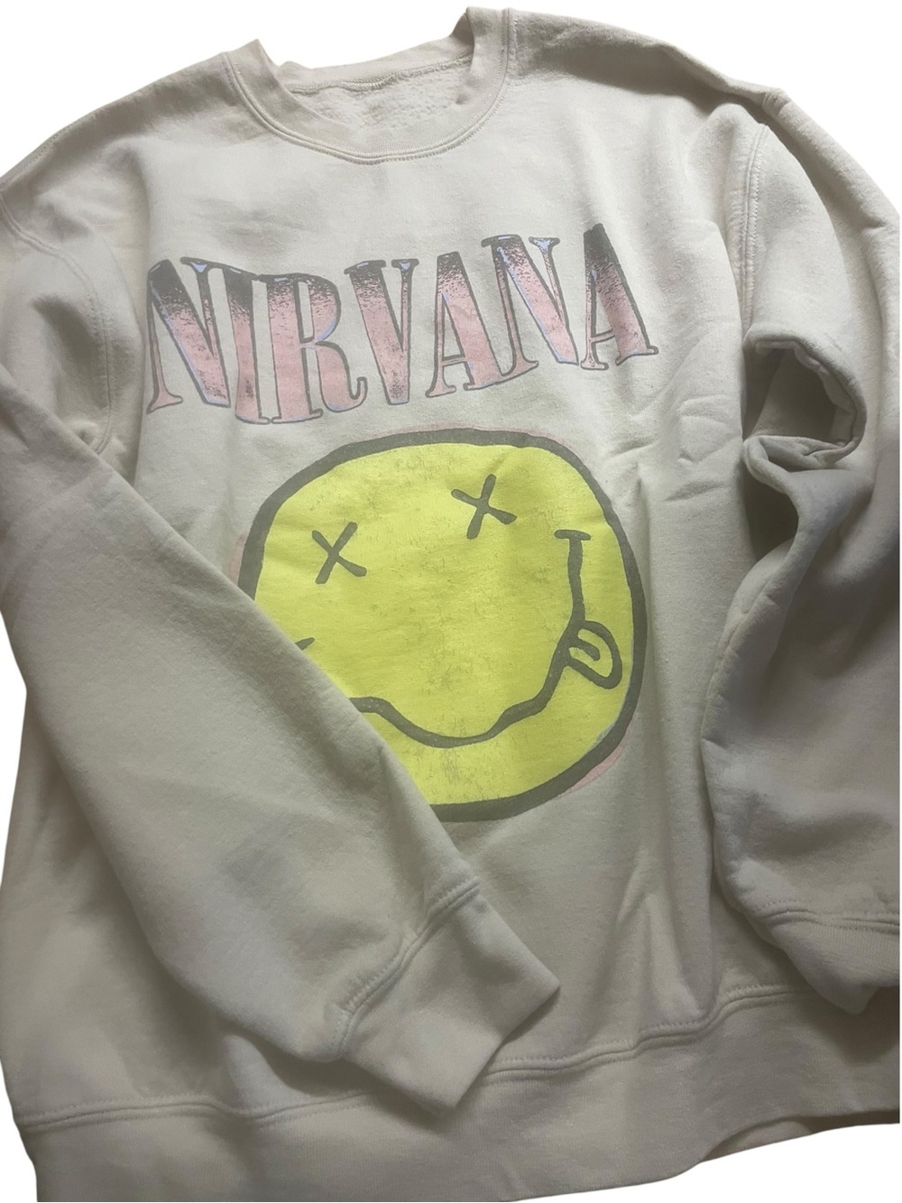 NIRVANA grey Crewneck Sweatshirt with Yellow Smiley and Pink Logo size small